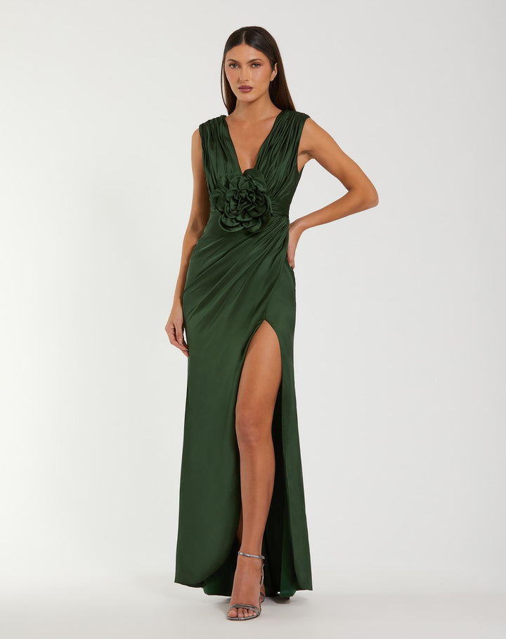 Mac Duggal 27728 Charmeuse Plunge Neck Gown With 3D Flower