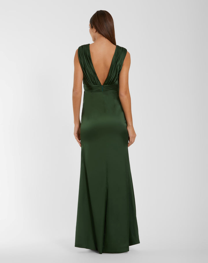 Mac Duggal 27728 Charmeuse Plunge Neck Gown With 3D Flower