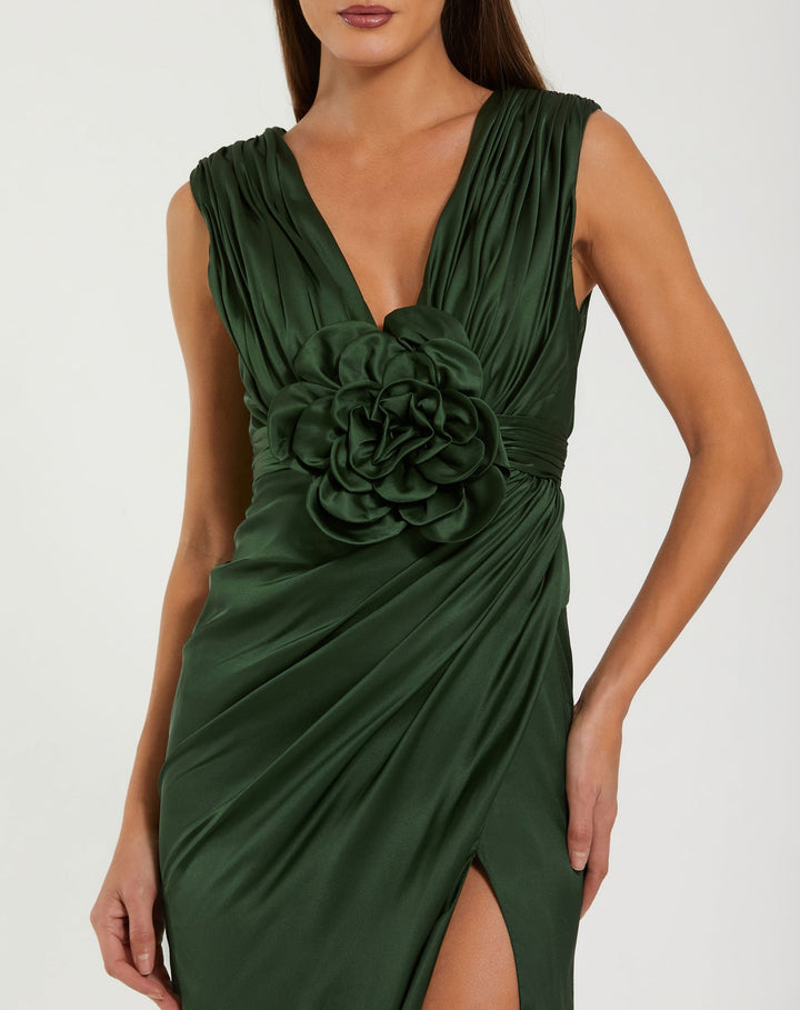 Mac Duggal 27728 Charmeuse Plunge Neck Gown With 3D Flower