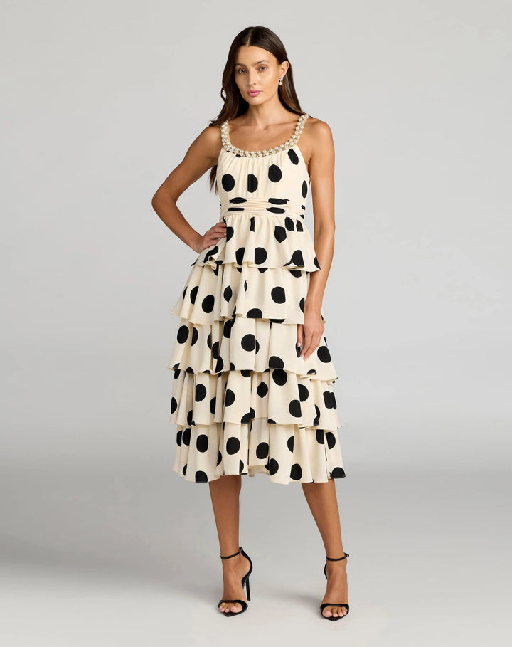 Beige Polka Dot Pearl Trim Ruffle Midi Dress - FOSTANI.com