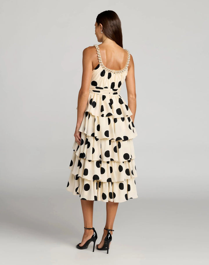 Beige Polka Dot Pearl Trim Ruffle Midi Dress - FOSTANI.com