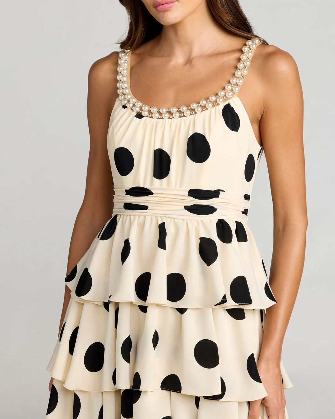 Beige Polka Dot Pearl Trim Ruffle Midi Dress - FOSTANI.com
