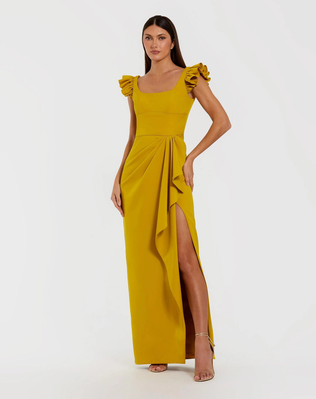 Yellow Square Neck Column Gown With Ruffle Detail - FOSTANI.com