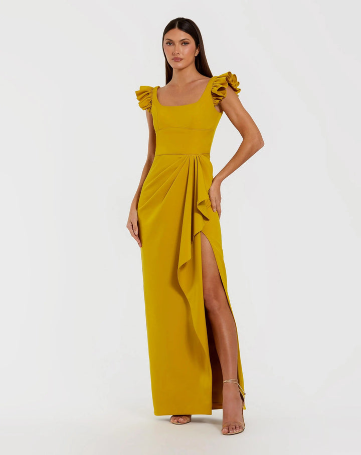 Yellow Square Neck Column Gown With Ruffle Detail - FOSTANI.com
