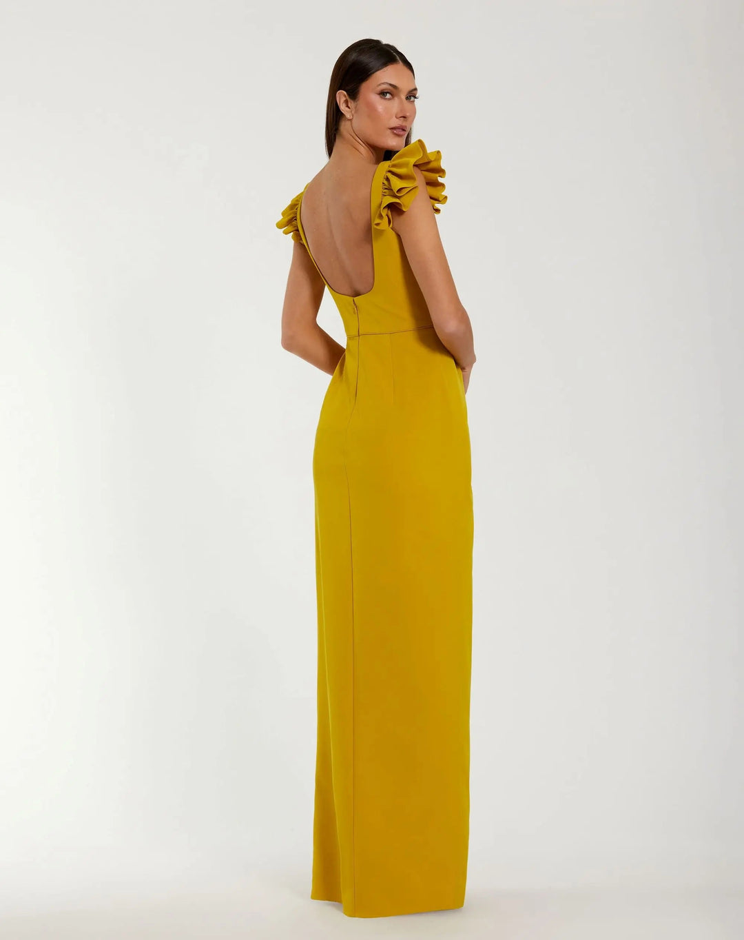Yellow Square Neck Column Gown With Ruffle Detail - FOSTANI.com