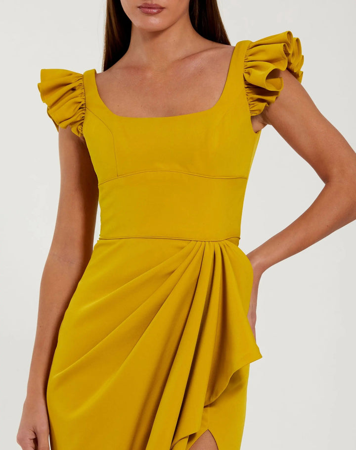 Yellow Square Neck Column Gown With Ruffle Detail - FOSTANI.com
