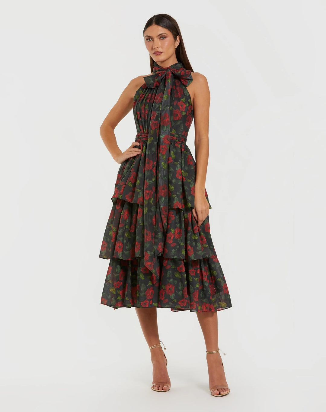 Mac Duggal 27747 Floral Chiffon Tiered Midi Dress with Neck Bow
