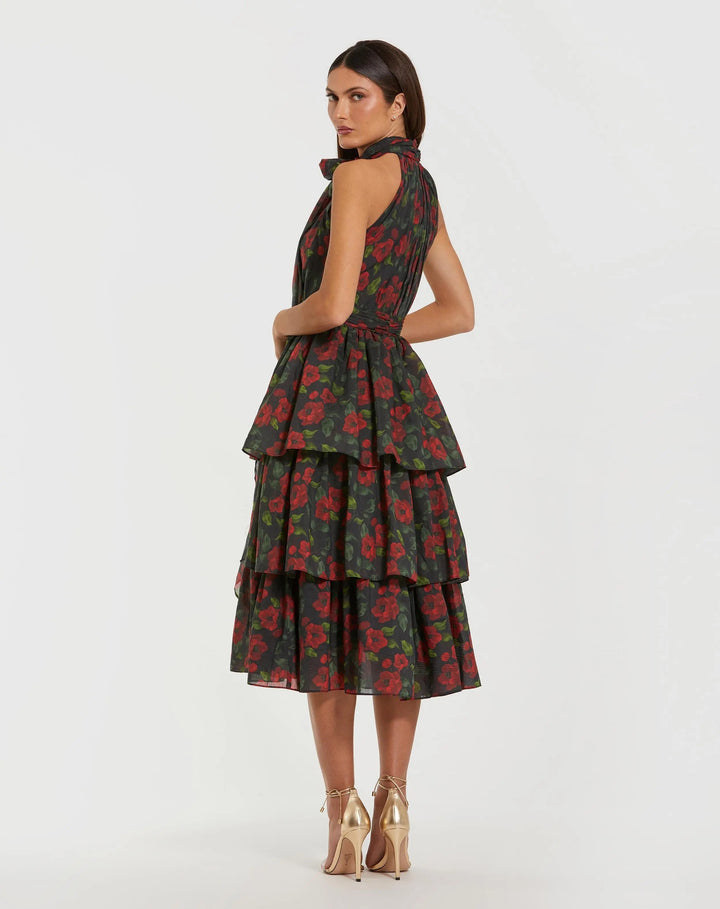 Mac Duggal 27747 Floral Chiffon Tiered Midi Dress with Neck Bow