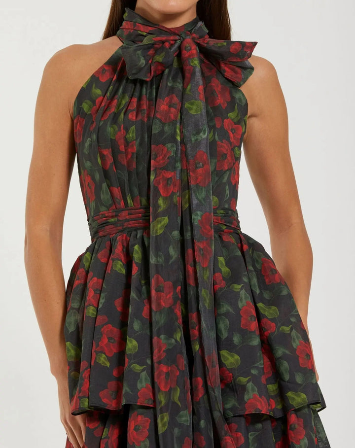 Mac Duggal 27747 Floral Chiffon Tiered Midi Dress with Neck Bow