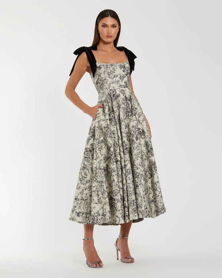 Mac Duggal 27749 Brocade A Line Midi Dress With Bow Straps