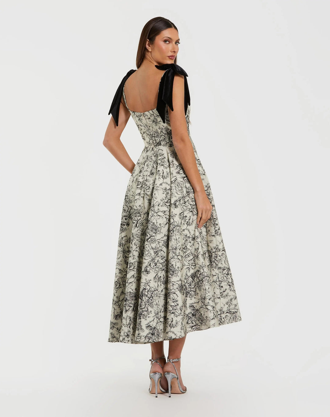Mac Duggal 27749 Brocade A Line Midi Dress With Bow Straps