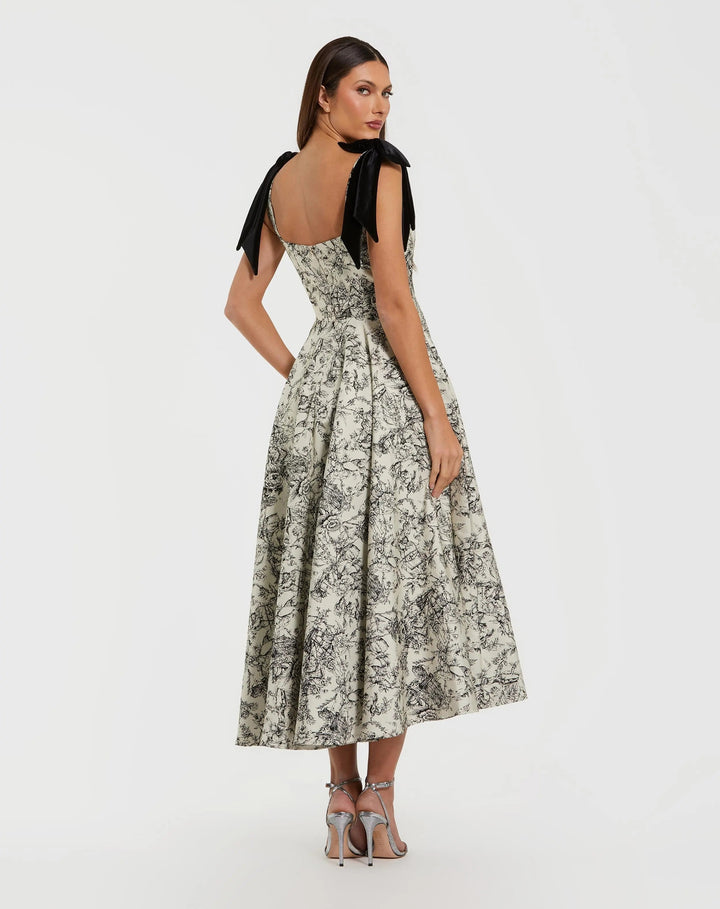 Mac Duggal 27749 Brocade A Line Midi Dress With Bow Straps