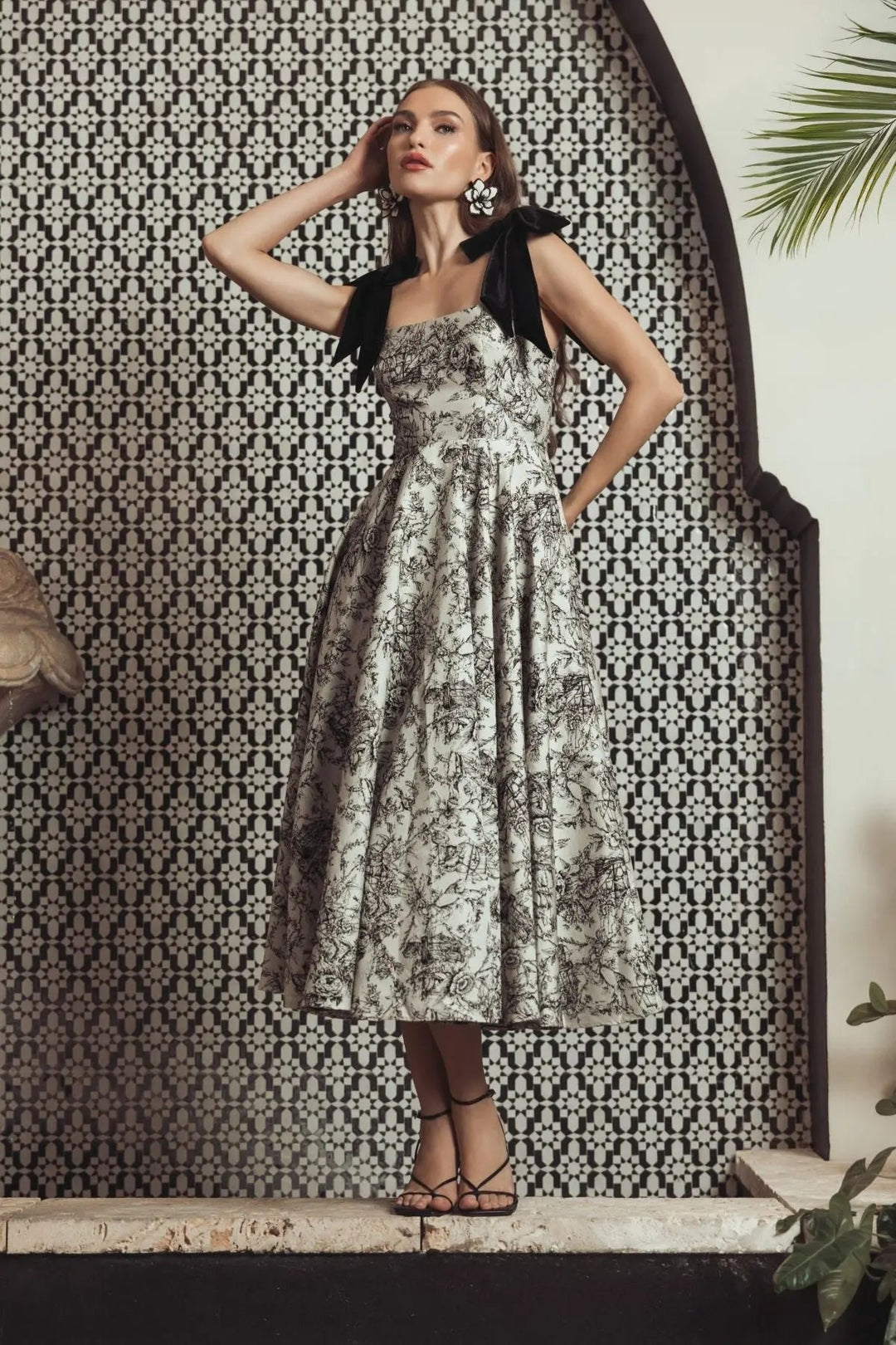 Mac Duggal 27749 Brocade A Line Midi Dress With Bow Straps