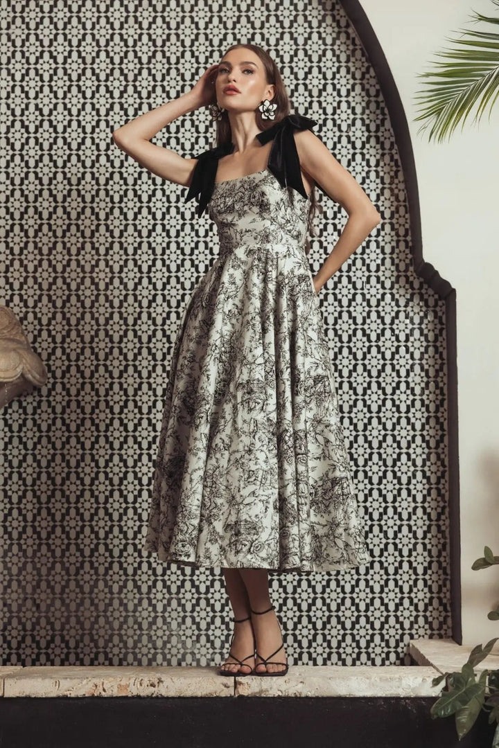 Mac Duggal 27749 Brocade A Line Midi Dress With Bow Straps