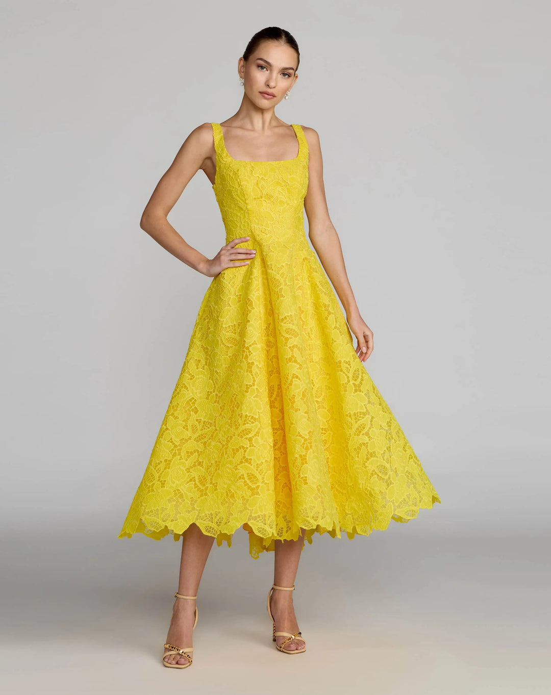 Yellow Lace Square Neck A-Line Midi Dress - FOSTANI.com