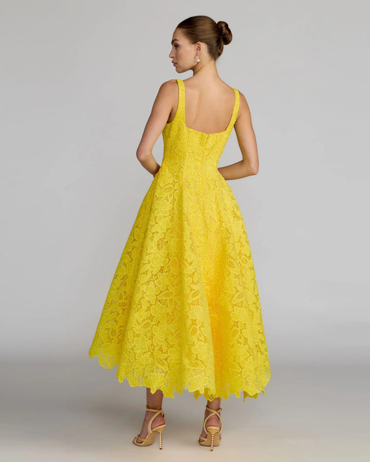 Yellow Lace Square Neck A-Line Midi Dress - FOSTANI.com