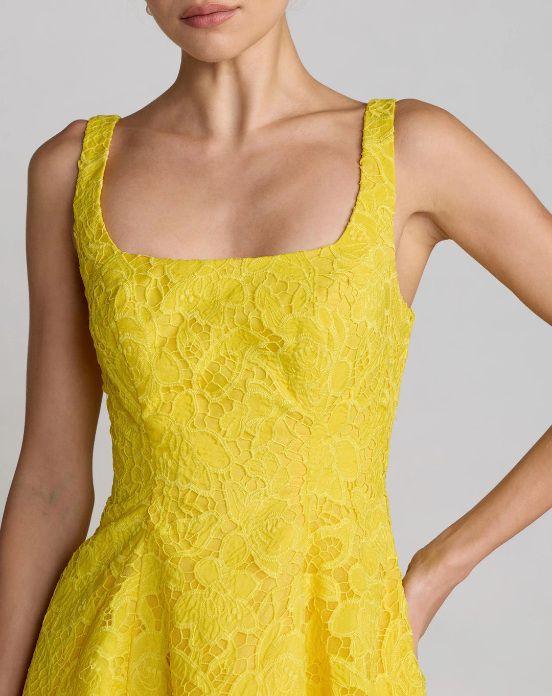 Yellow Lace Square Neck A-Line Midi Dress - FOSTANI.com