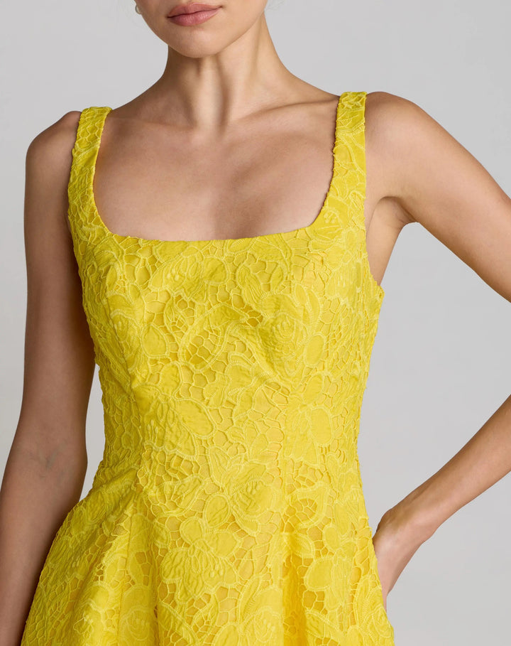 Yellow Lace Square Neck A-Line Midi Dress - FOSTANI.com