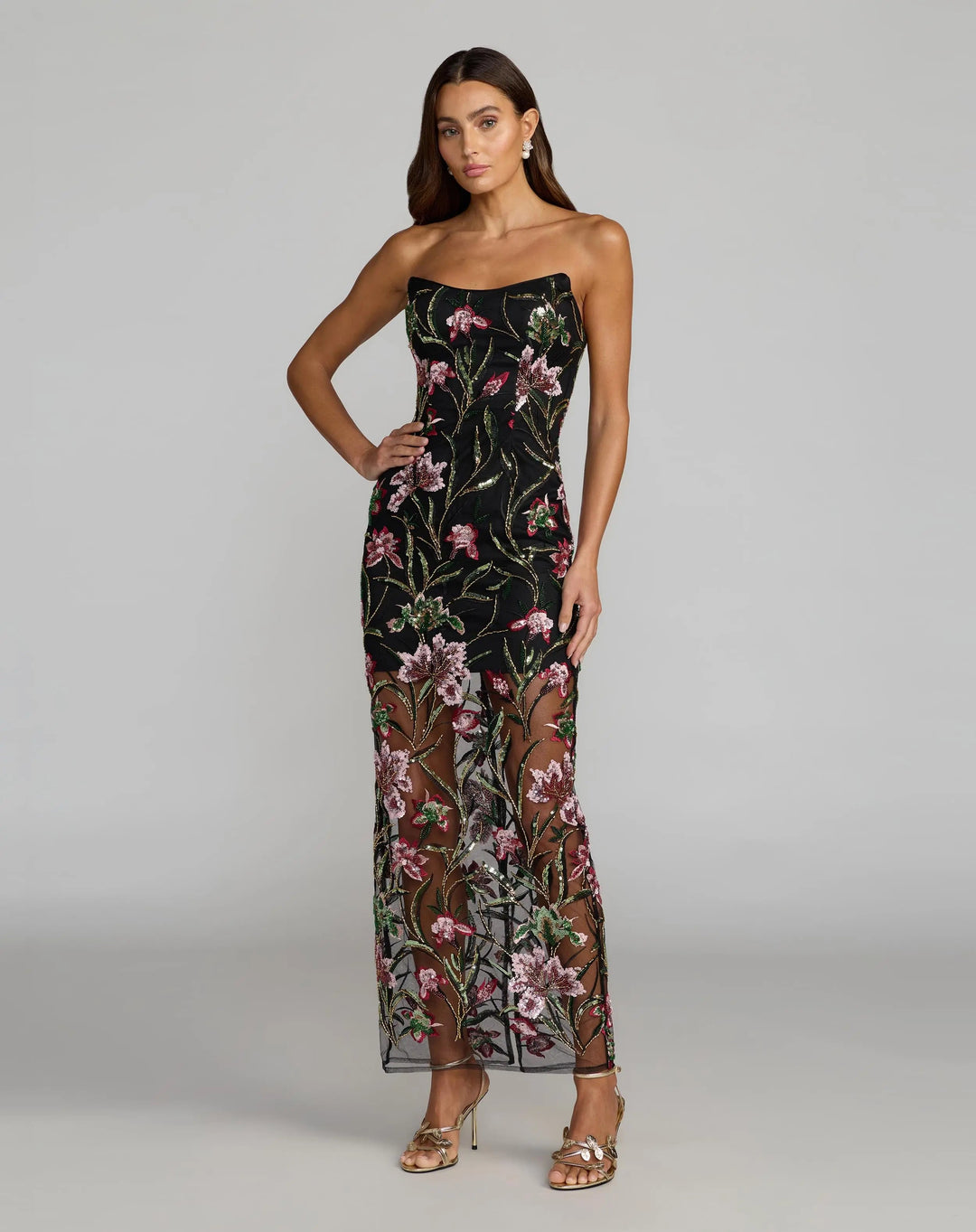 Mac Duggal 27814 Black Strapless Floral Embroidered Column Dress - FOSTANI.com