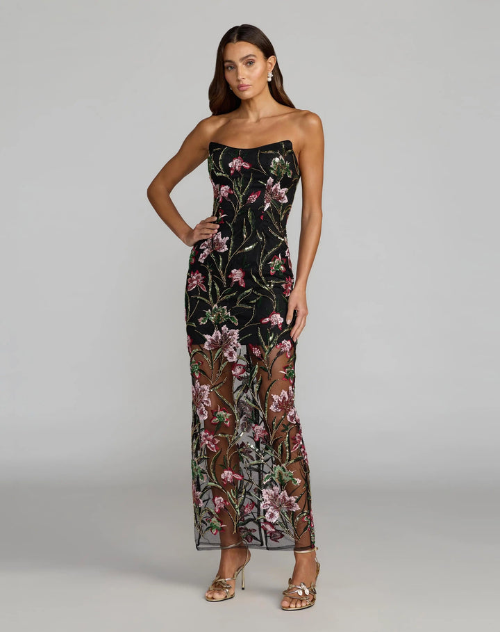 Mac Duggal 27814 Black Strapless Floral Embroidered Column Dress - FOSTANI.com