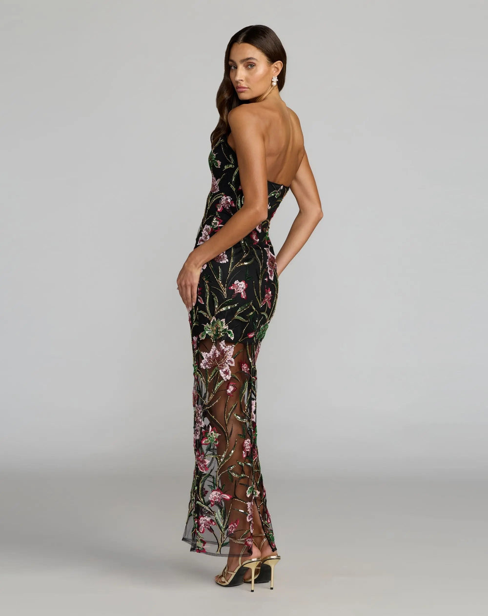 Mac Duggal 27814 Black Strapless Floral Embroidered Column Dress - FOSTANI.com