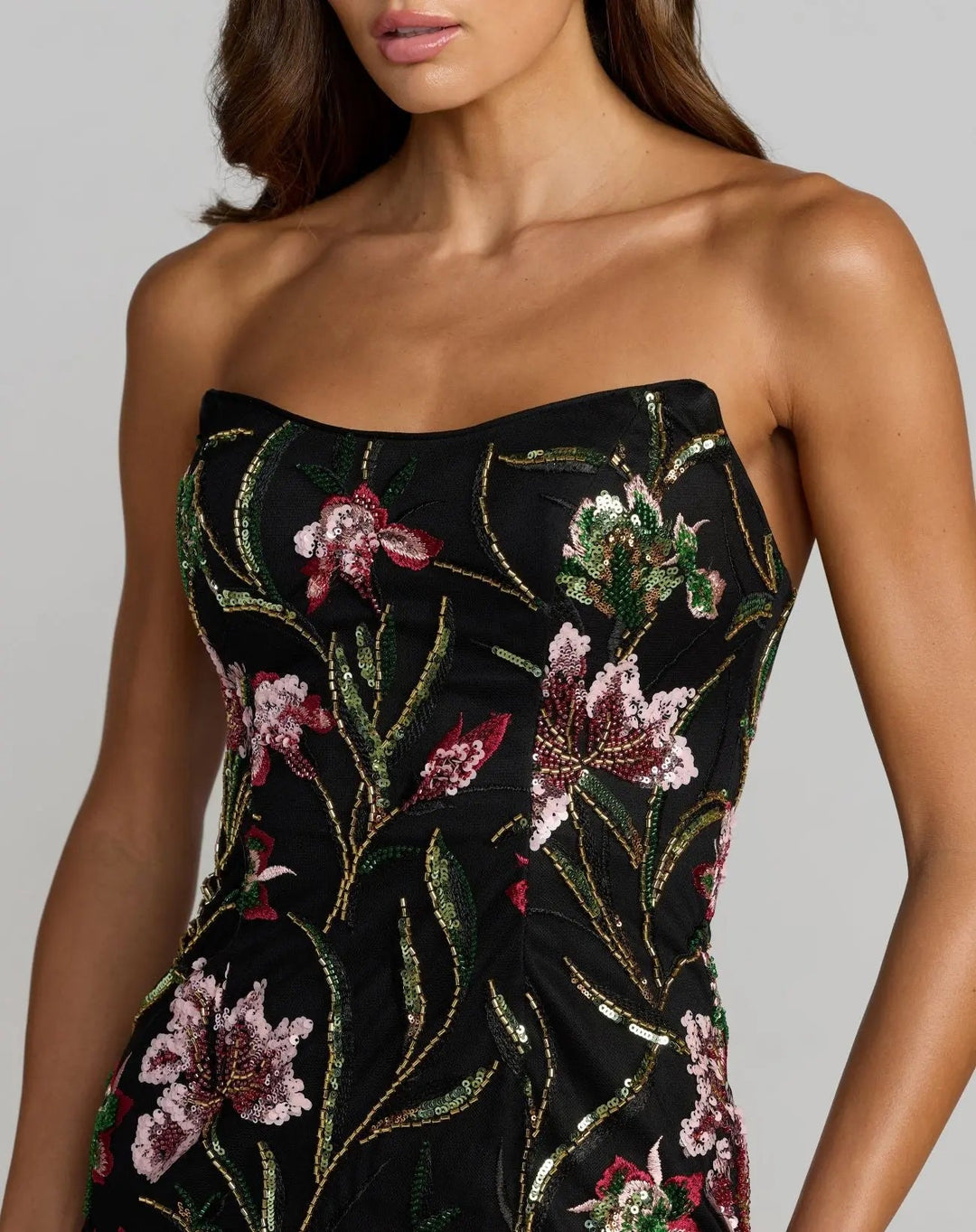Mac Duggal 27814 Black Strapless Floral Embroidered Column Dress - FOSTANI.com