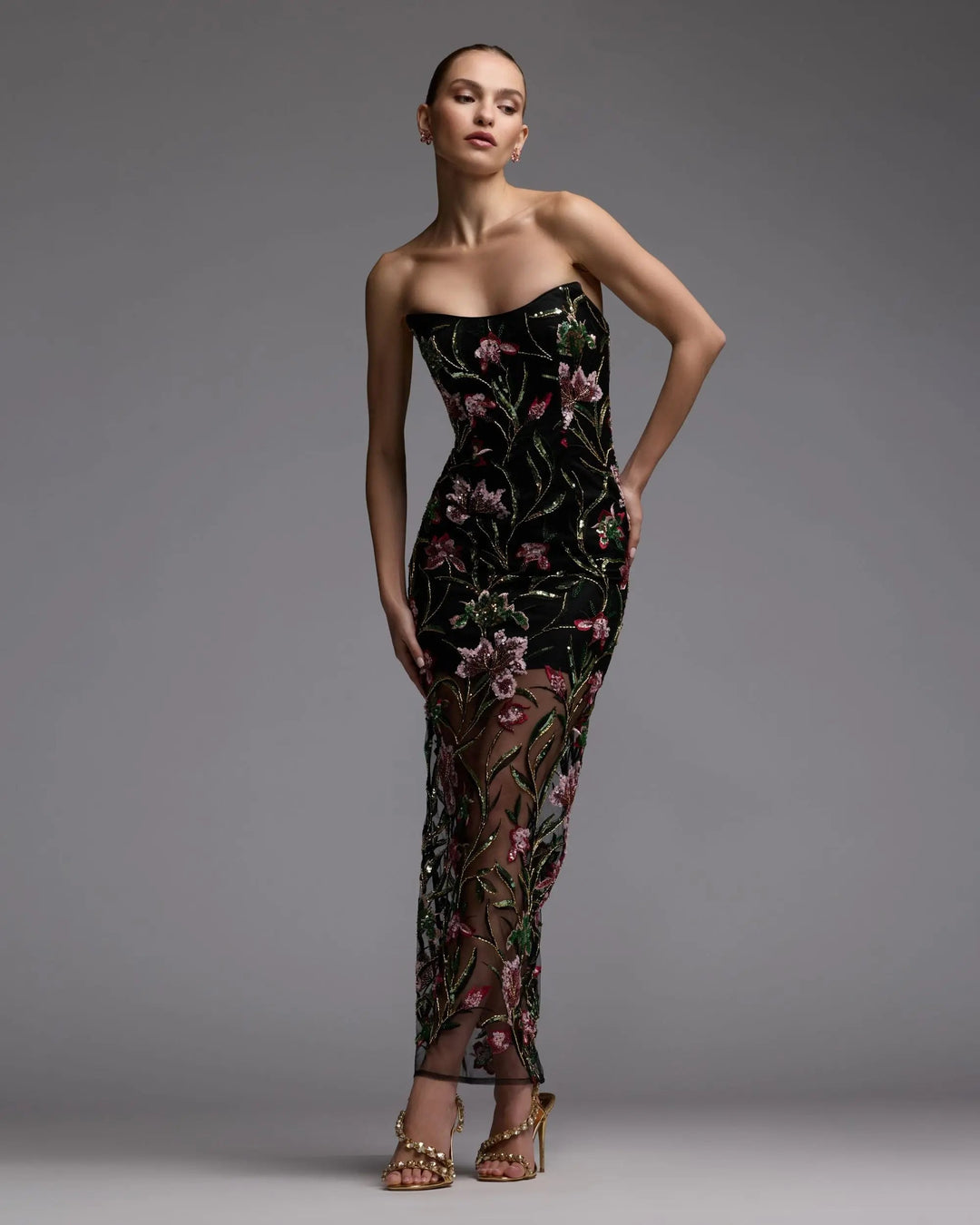 Mac Duggal 27814 Black Strapless Floral Embroidered Column Dress - FOSTANI.com