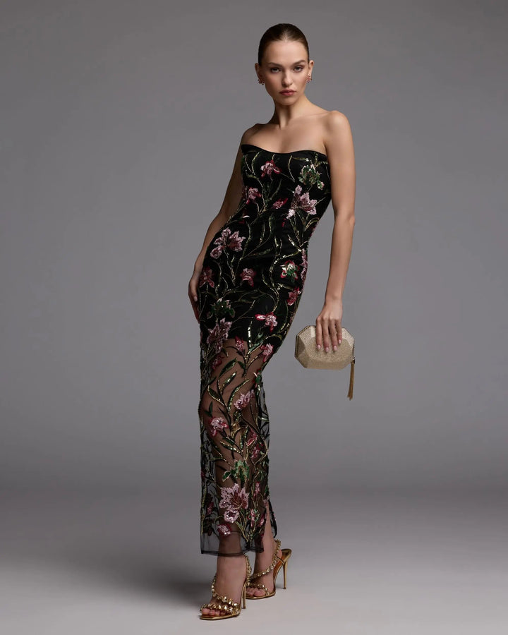 Mac Duggal 27814 Black Strapless Floral Embroidered Column Dress - FOSTANI.com