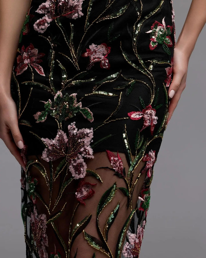 Mac Duggal 27814 Black Strapless Floral Embroidered Column Dress - FOSTANI.com