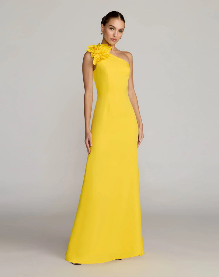 Yellow One Shoulder Crepe Gown with 3D Flower - FOSTANI.com