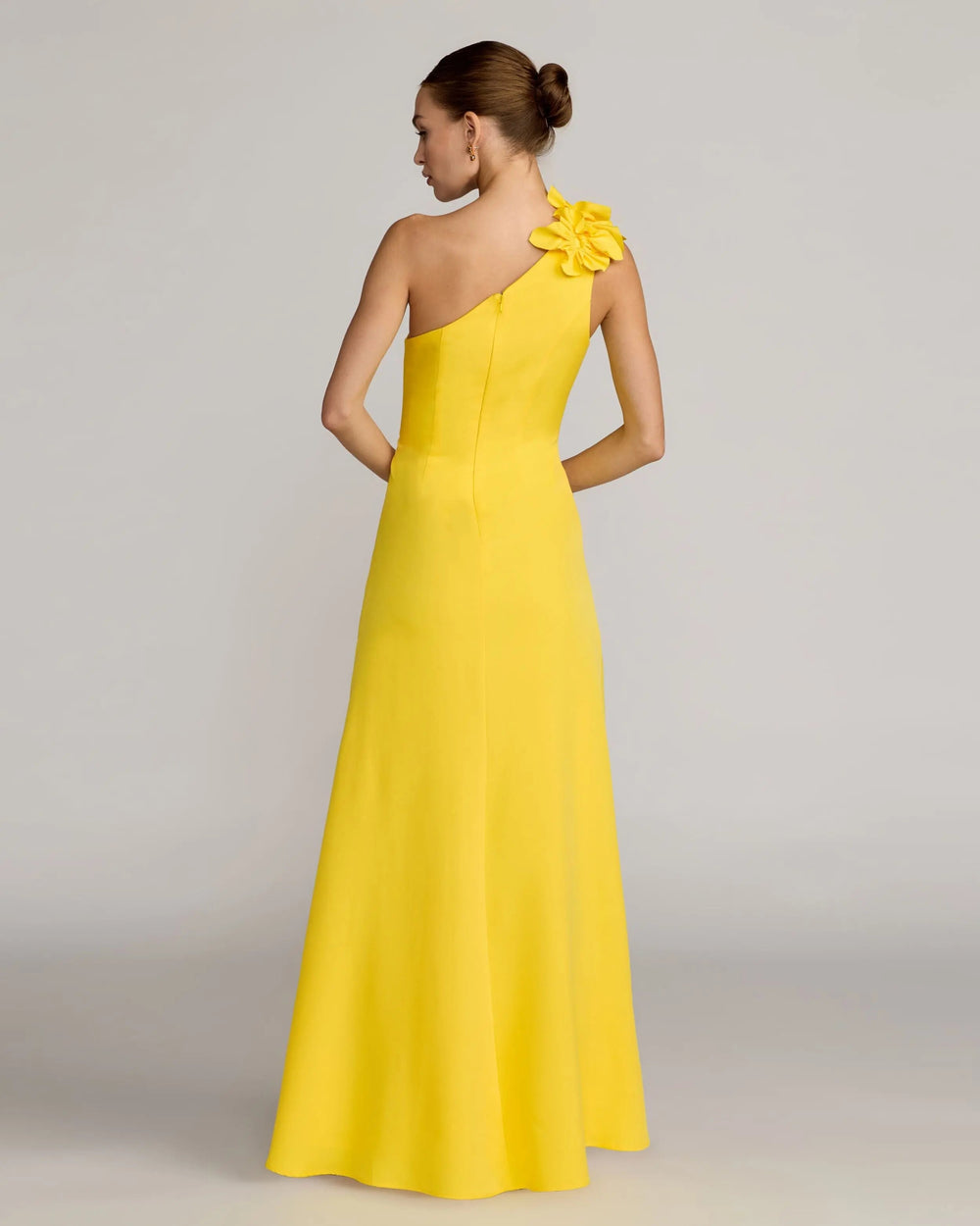 Yellow One Shoulder Crepe Gown with 3D Flower - FOSTANI.com