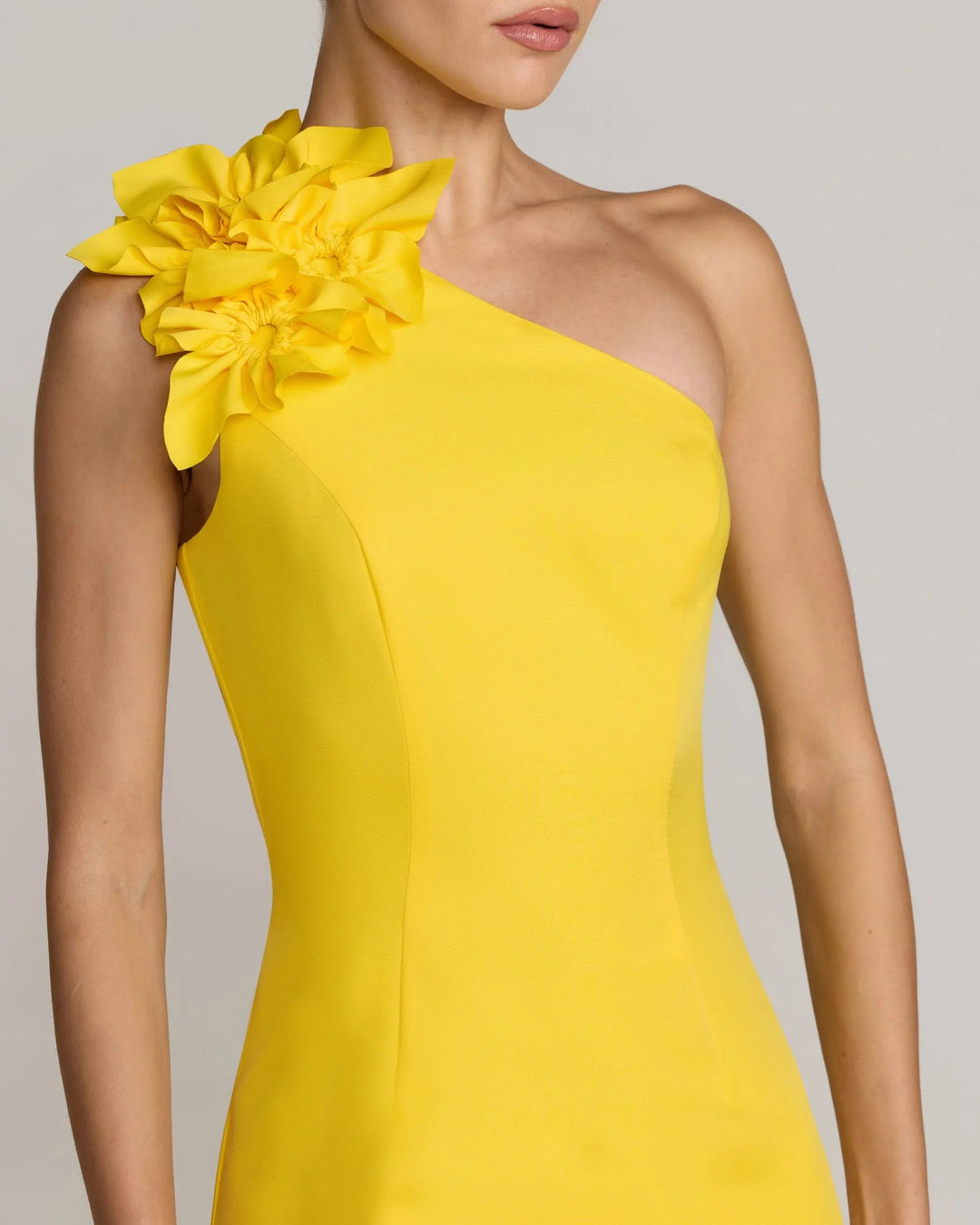 Yellow One Shoulder Crepe Gown with 3D Flower - FOSTANI.com