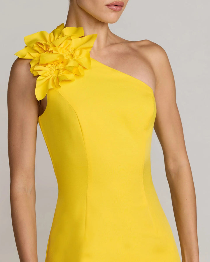 Yellow One Shoulder Crepe Gown with 3D Flower - FOSTANI.com