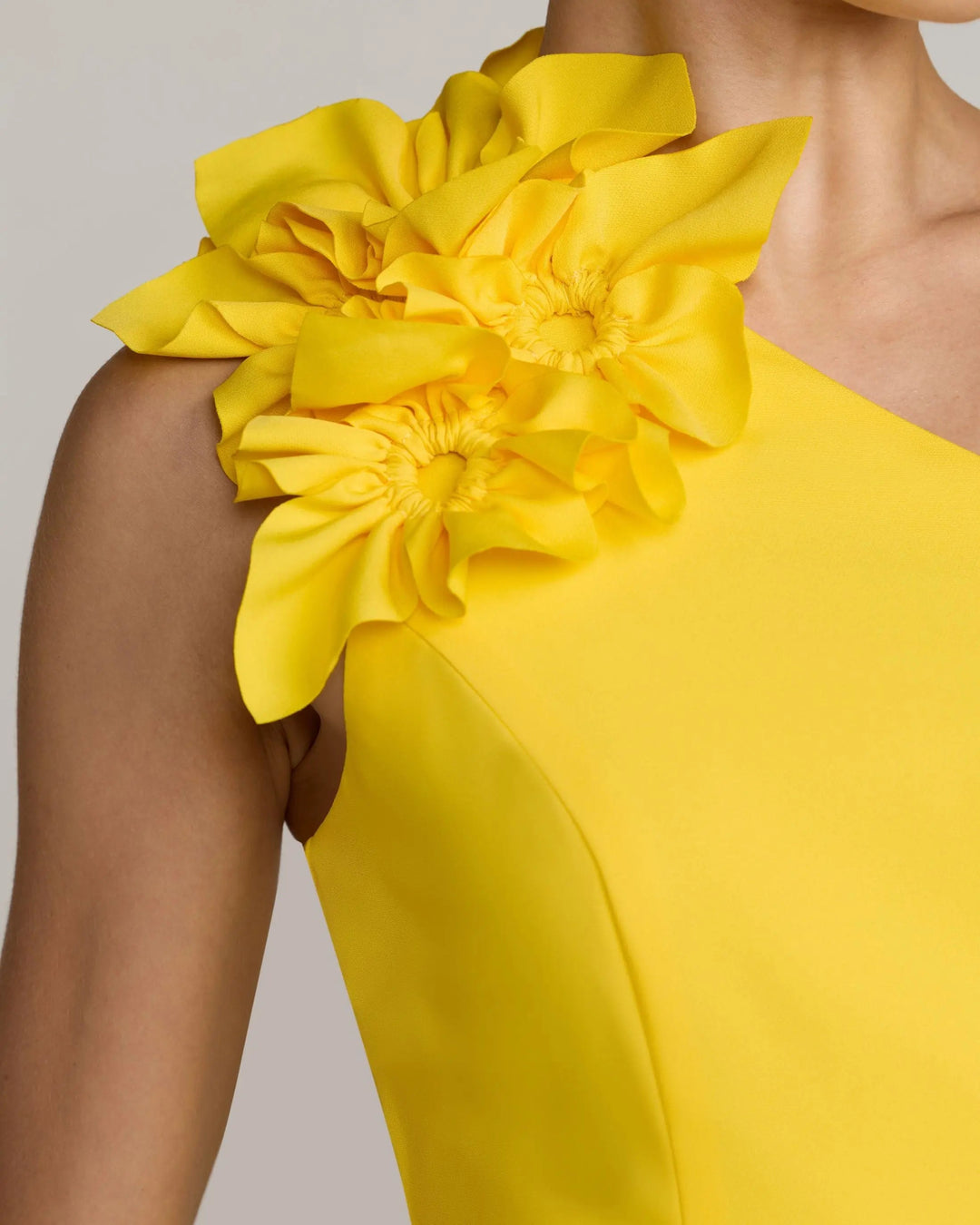Yellow One Shoulder Crepe Gown with 3D Flower - FOSTANI.com