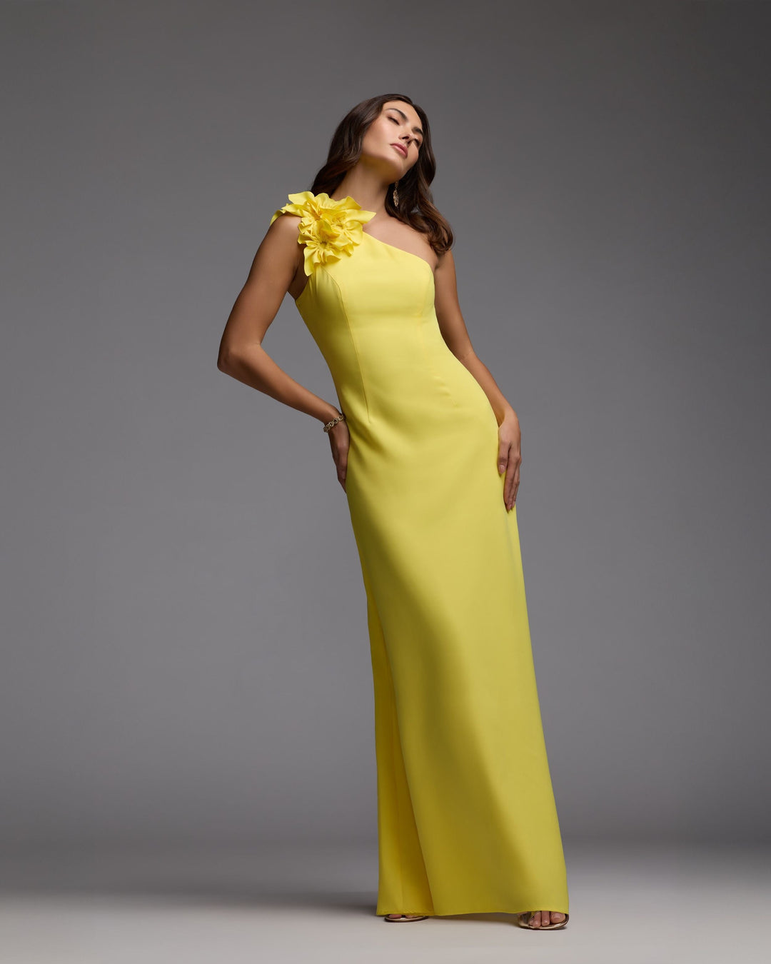 Yellow One Shoulder Crepe Gown with 3D Flower - FOSTANI.com