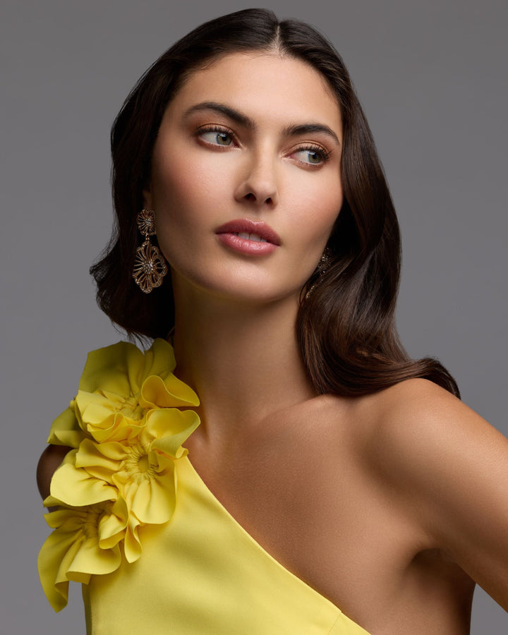 Yellow One Shoulder Crepe Gown with 3D Flower - FOSTANI.com