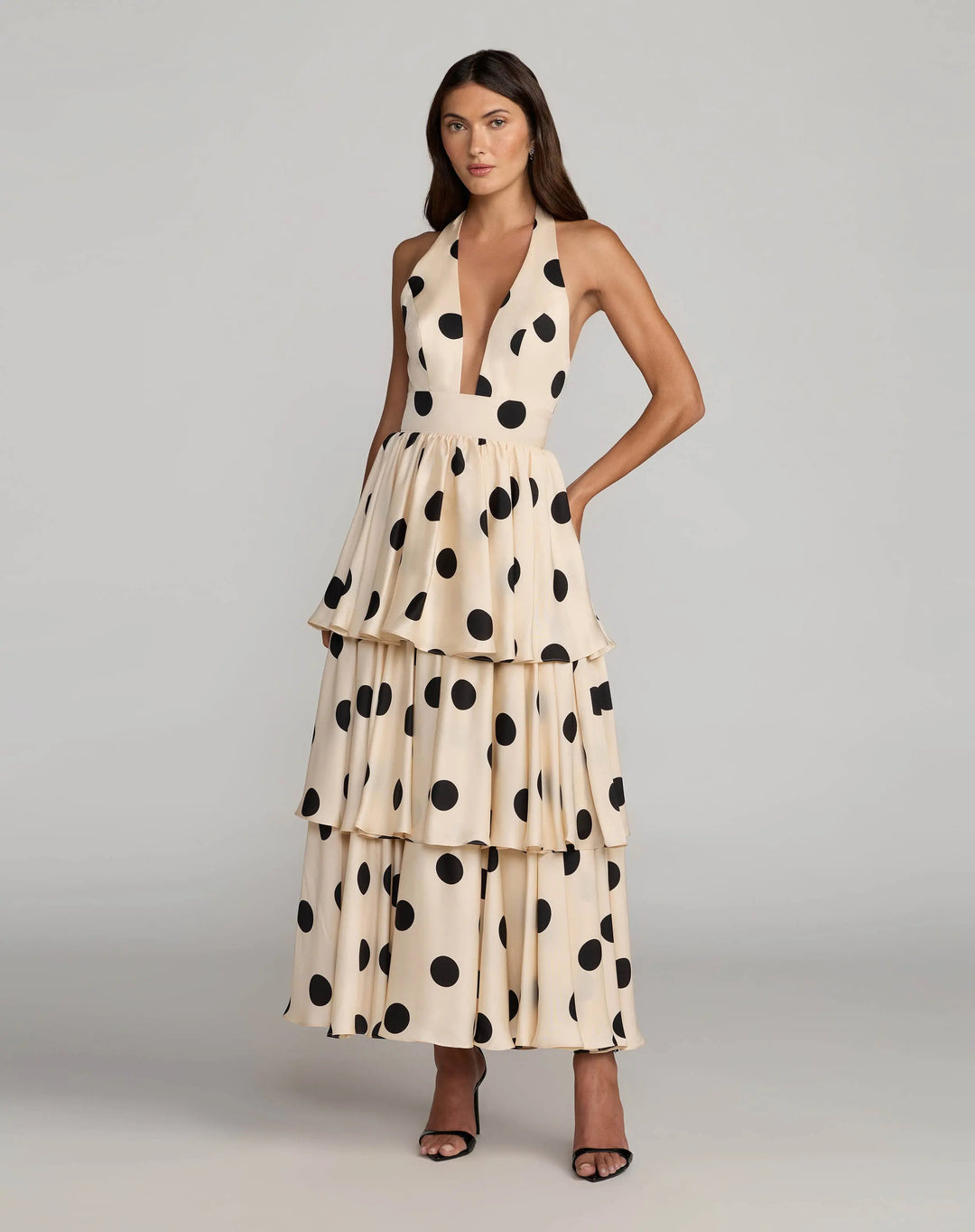 Beige Halter Neck Polka Dot Ruffle Maxi Dress - FOSTANI.com