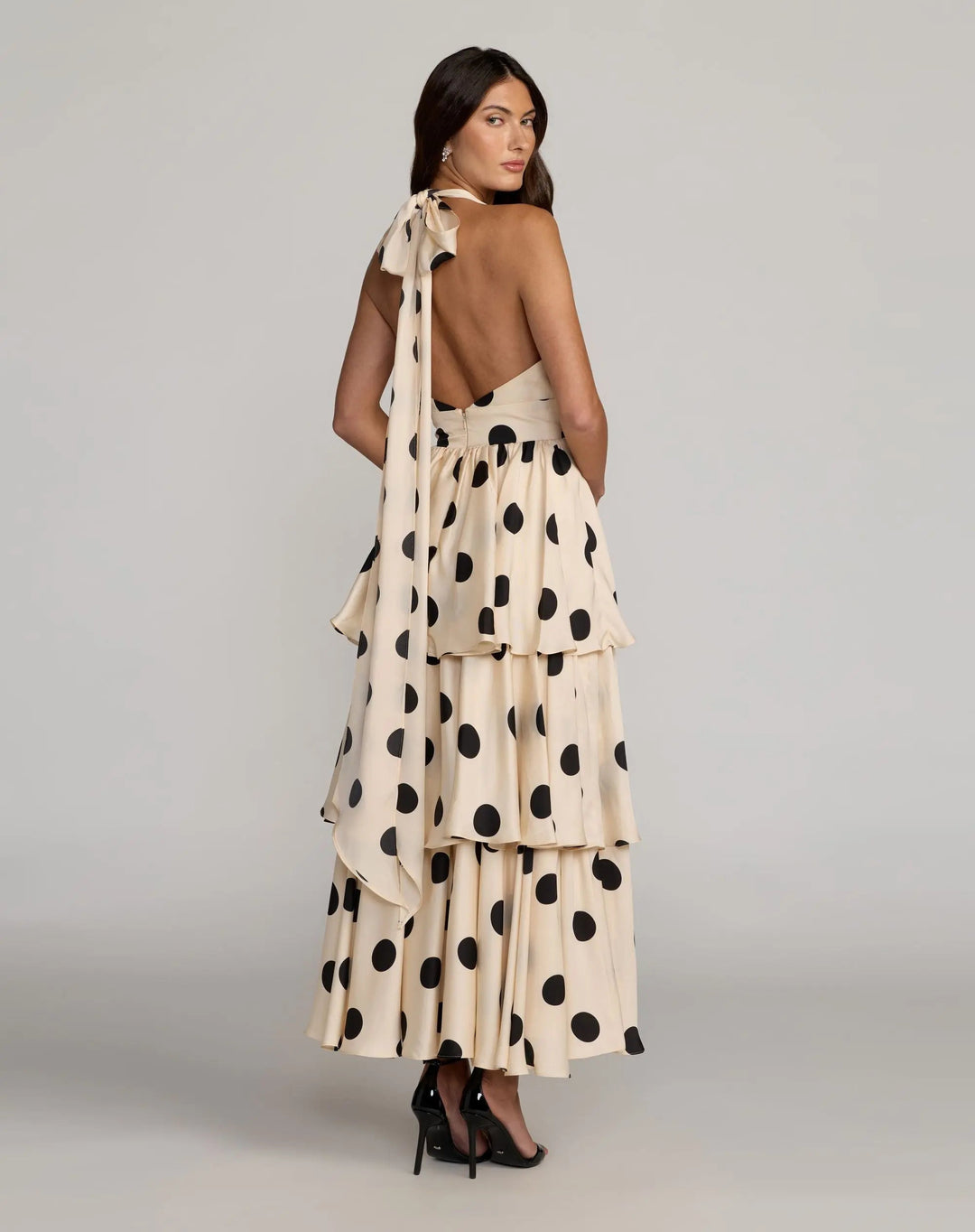 Beige Halter Neck Polka Dot Ruffle Maxi Dress - FOSTANI.com
