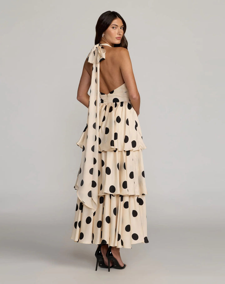 Beige Halter Neck Polka Dot Ruffle Maxi Dress - FOSTANI.com