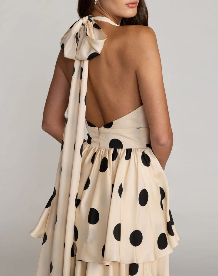 Beige Halter Neck Polka Dot Ruffle Maxi Dress - FOSTANI.com