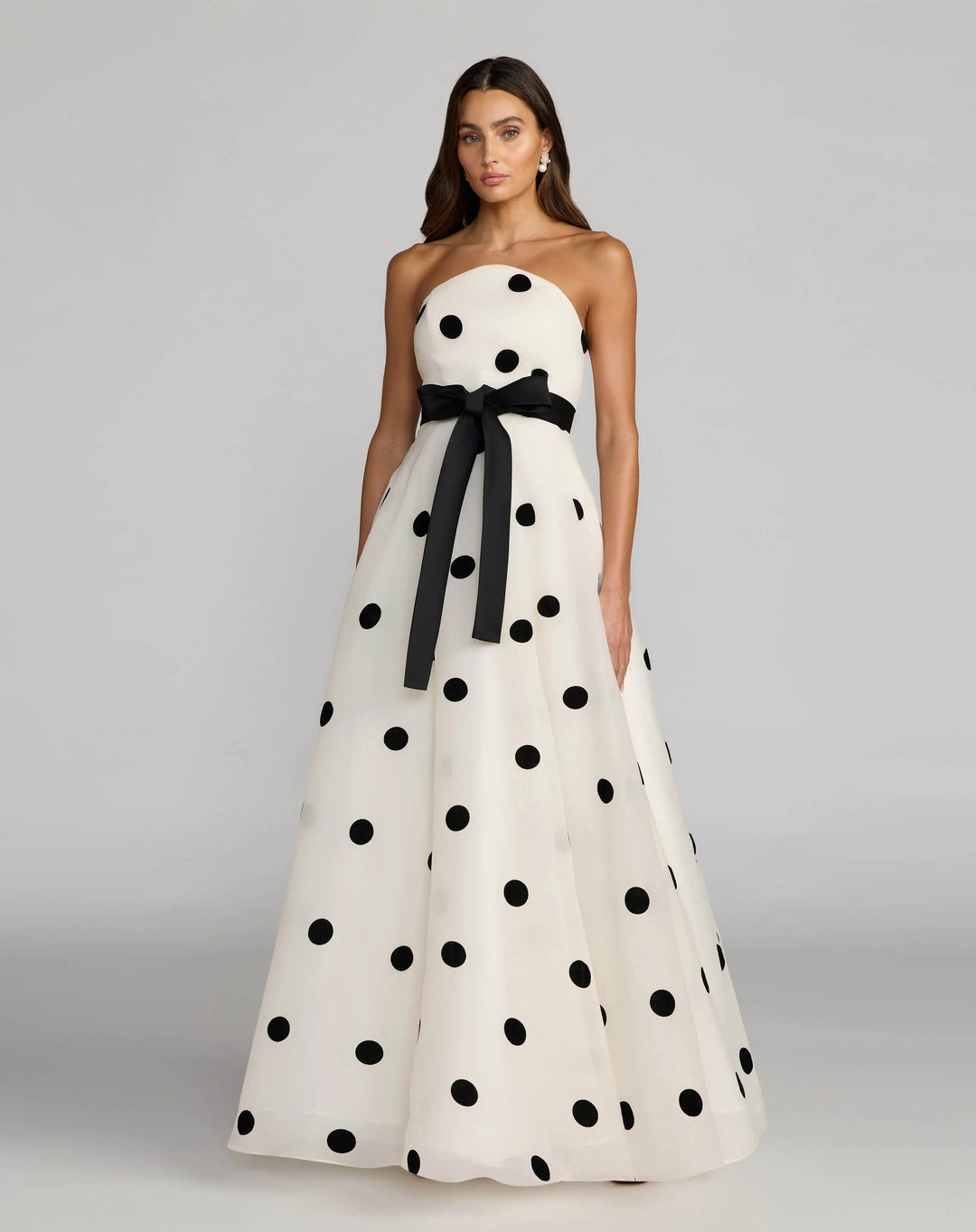 White Strapless Polka Dot Organza Gown With Satin Bow - FOSTANI.com