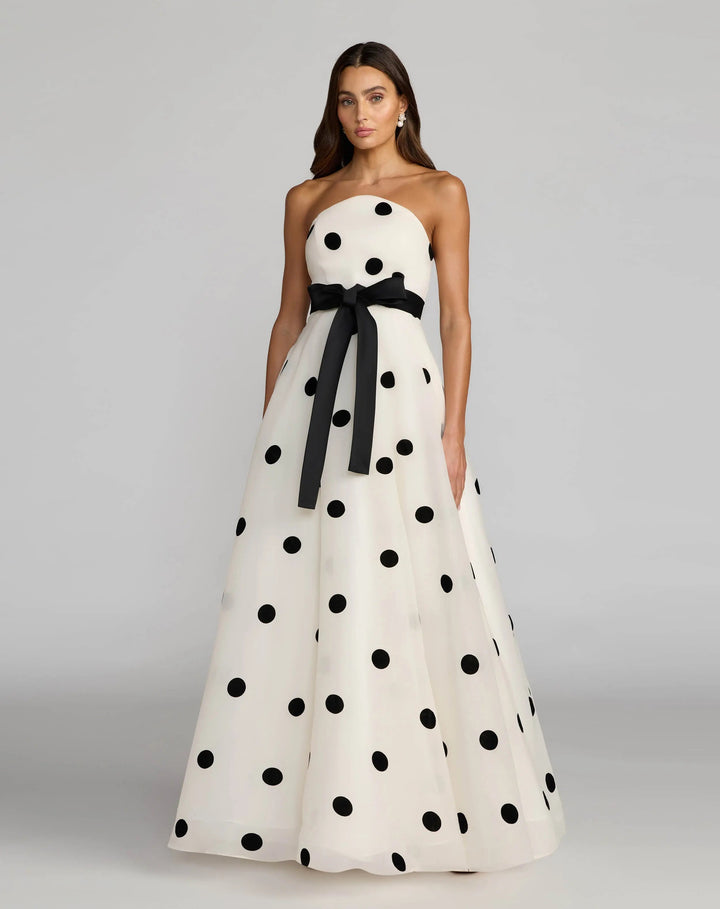 White Strapless Polka Dot Organza Gown With Satin Bow - FOSTANI.com