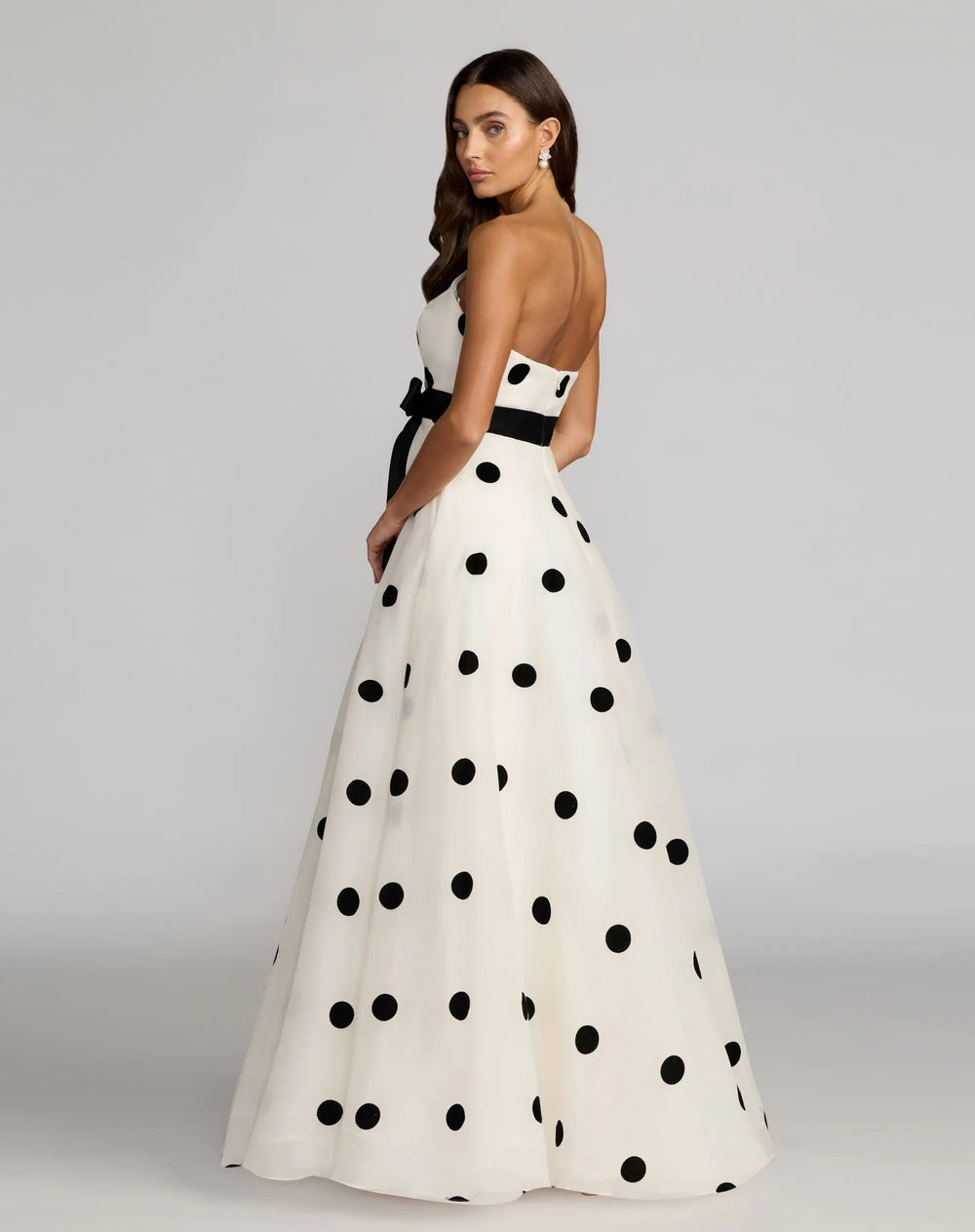White Strapless Polka Dot Organza Gown With Satin Bow - FOSTANI.com