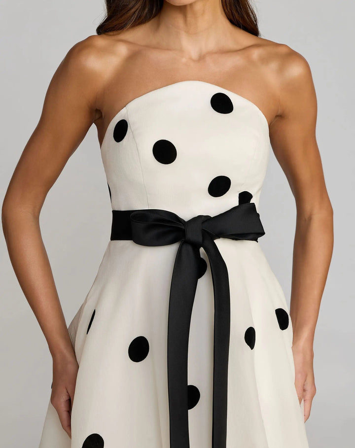 White Strapless Polka Dot Organza Gown With Satin Bow - FOSTANI.com
