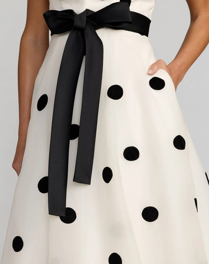 White Strapless Polka Dot Organza Gown With Satin Bow - FOSTANI.com