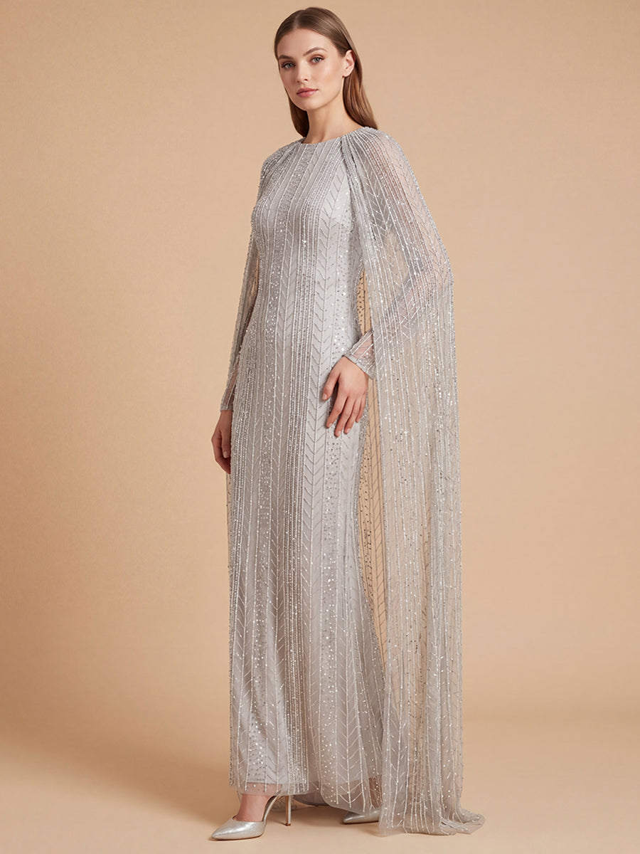 Lara 28837 High Neck Linear Beaded Dress with Long Cape