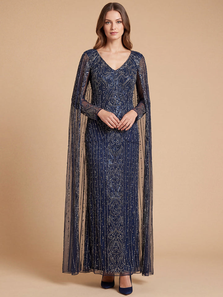 Lara 28838 V-Neck Linear Beaded Dress with Long Cape
