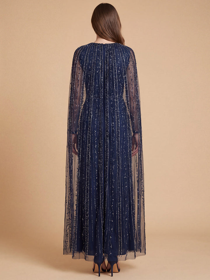 Lara 28838 V-Neck Linear Beaded Dress with Long Cape