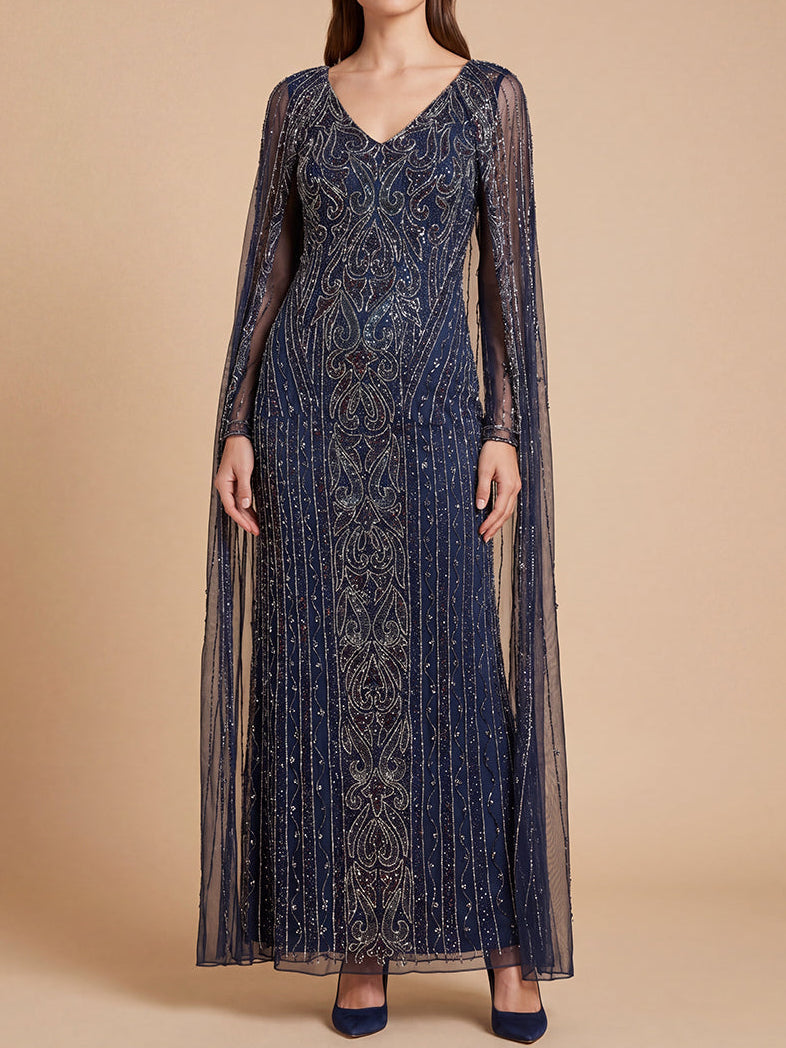 Lara 28838 V-Neck Linear Beaded Dress with Long Cape