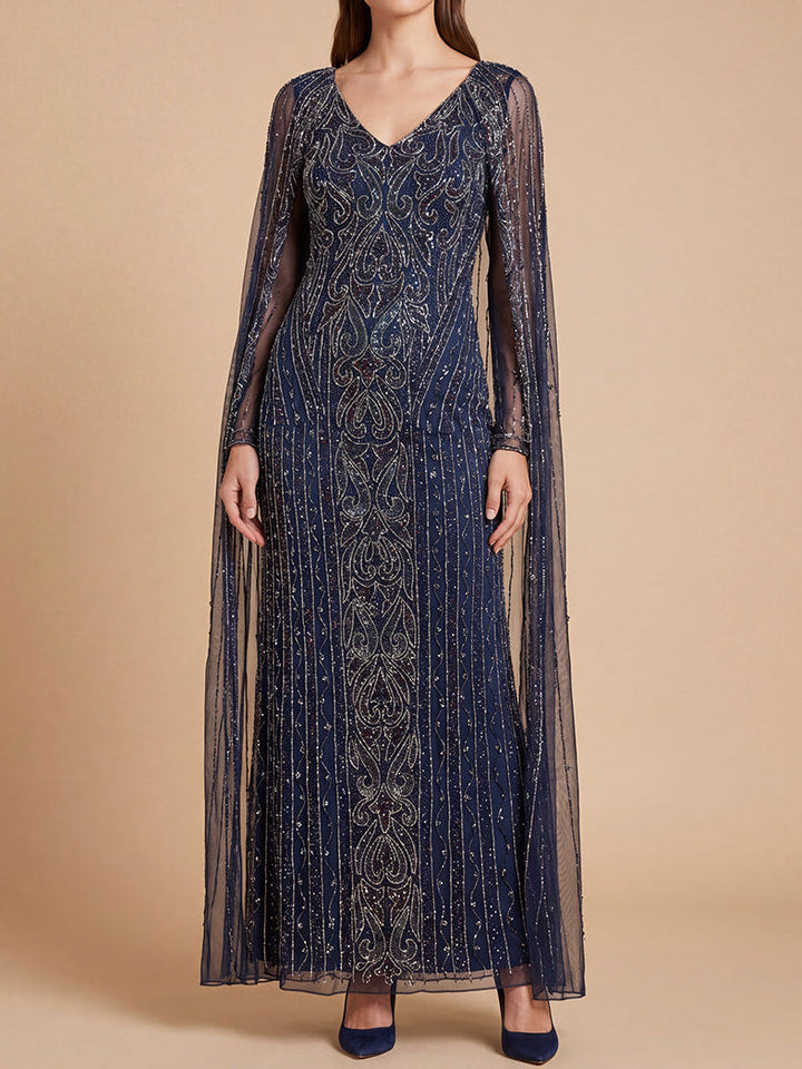 Lara 28838 V-Neck Linear Beaded Dress with Long Cape